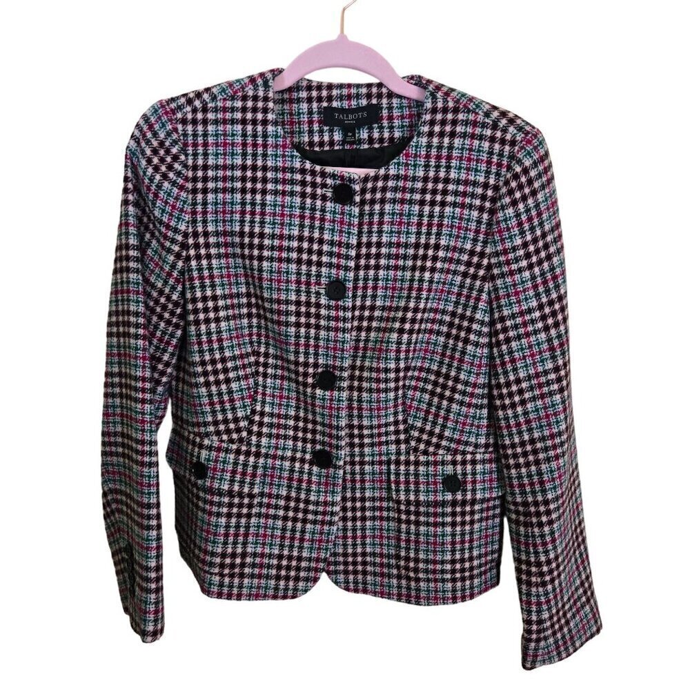Talbots NWT Green Red Black White Plaid 4 Button Flap Pocket Wool Blend Blazer S